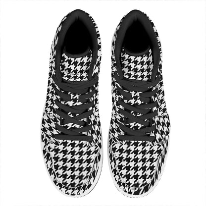 Black And White Houndstooth Print High Top Leather Sneakers