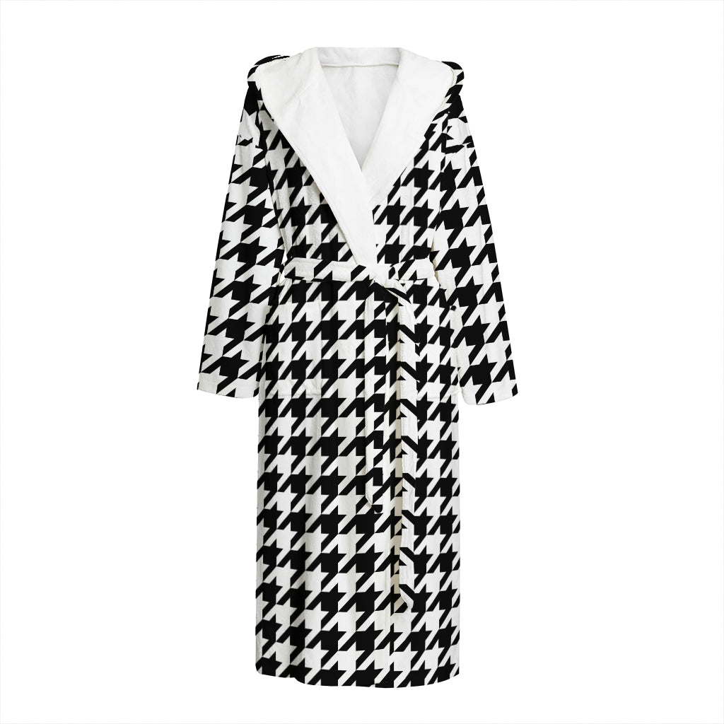 Black And White Houndstooth Print Hooded Bathrobe