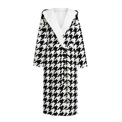 Black And White Houndstooth Print Hooded Bathrobe