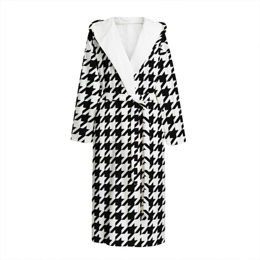 Black And White Houndstooth Print Hooded Bathrobe