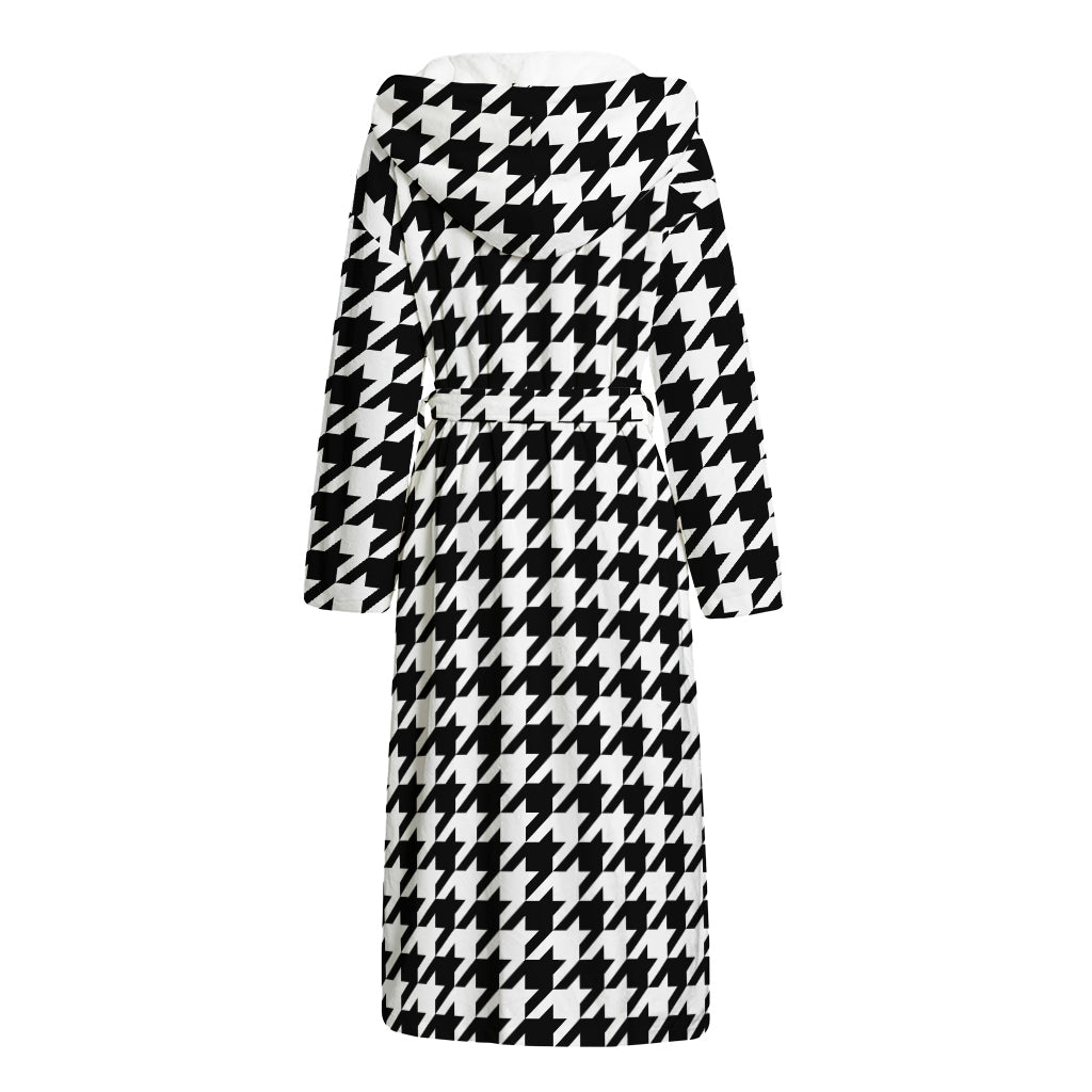 Black And White Houndstooth Print Hooded Bathrobe