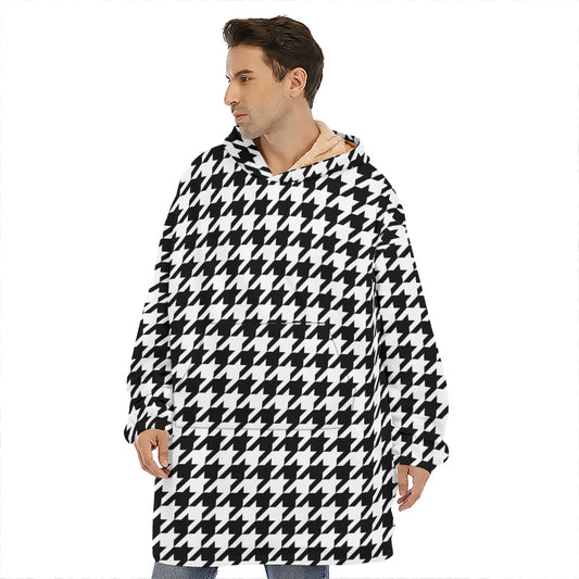 Black And White Houndstooth Print Hoodie Blanket