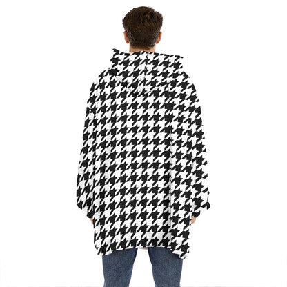 Black And White Houndstooth Print Hoodie Blanket