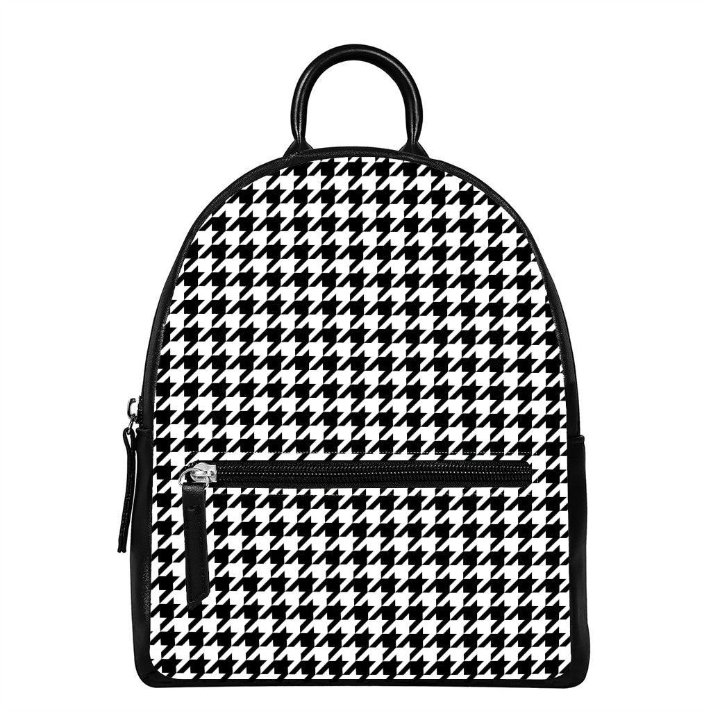 Black And White Houndstooth Print Leather Backpack