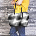 Black And White Houndstooth Print Leather Tote Bag