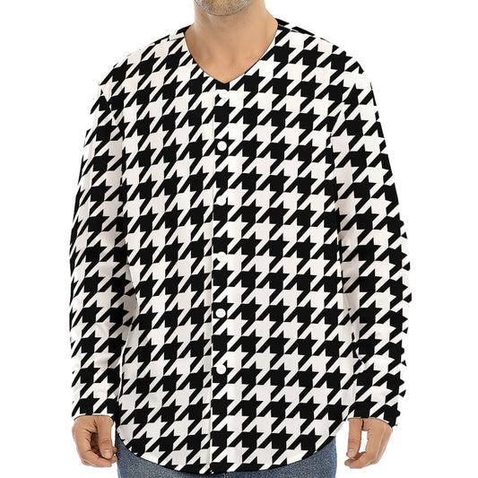 Black And White Houndstooth Print Long Sleeve Baseball Jersey