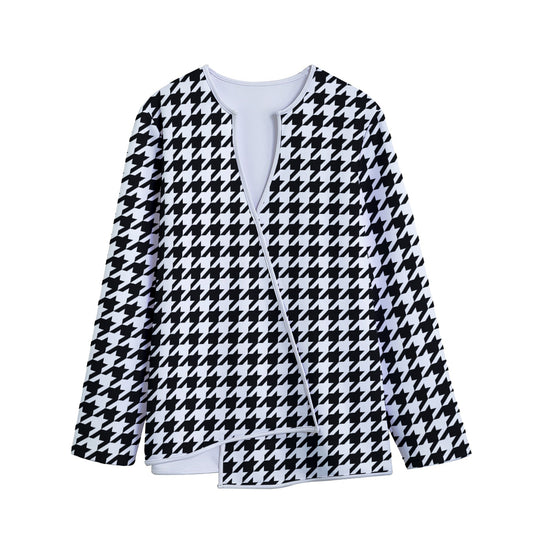 Black And White Houndstooth Print Long Sleeve Short Coat