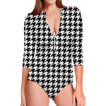 Black And White Houndstooth Print Long Sleeve Swimsuit