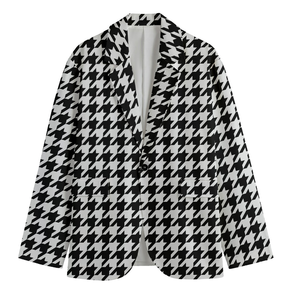 Black And White Houndstooth Print Men's Cotton Blazer
