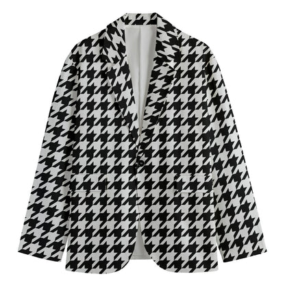 Black And White Houndstooth Print Men's Cotton Blazer