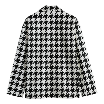Black And White Houndstooth Print Men's Cotton Blazer
