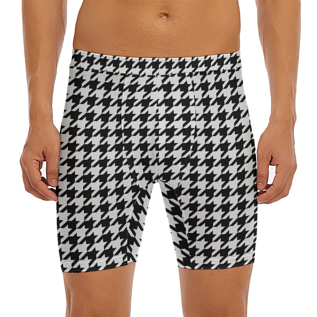 Black And White Houndstooth Print Men's Long Boxer Briefs