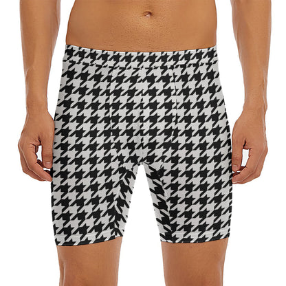 Black And White Houndstooth Print Men's Long Boxer Briefs