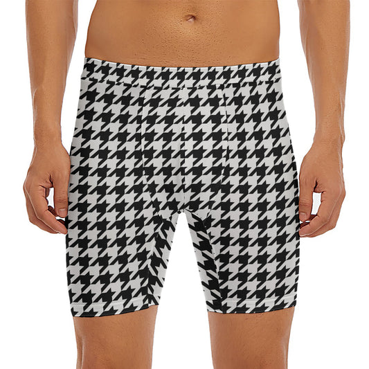 Black And White Houndstooth Print Men's Long Boxer Briefs