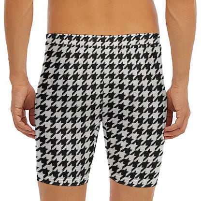 Black And White Houndstooth Print Men's Long Boxer Briefs