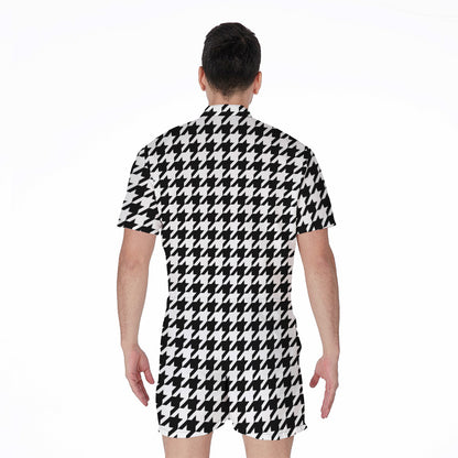 Black And White Houndstooth Print Men's Rompers