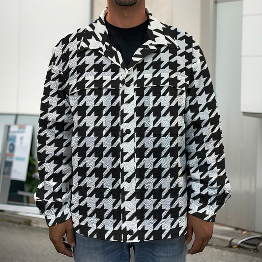 Black And White Houndstooth Print Men's Shirt Jacket
