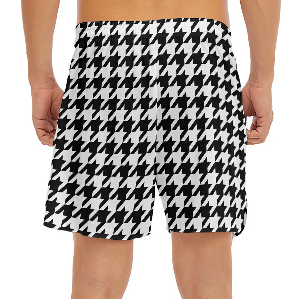 Black And White Houndstooth Print Men's Split Running Shorts
