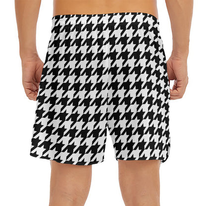 Black And White Houndstooth Print Men's Split Running Shorts