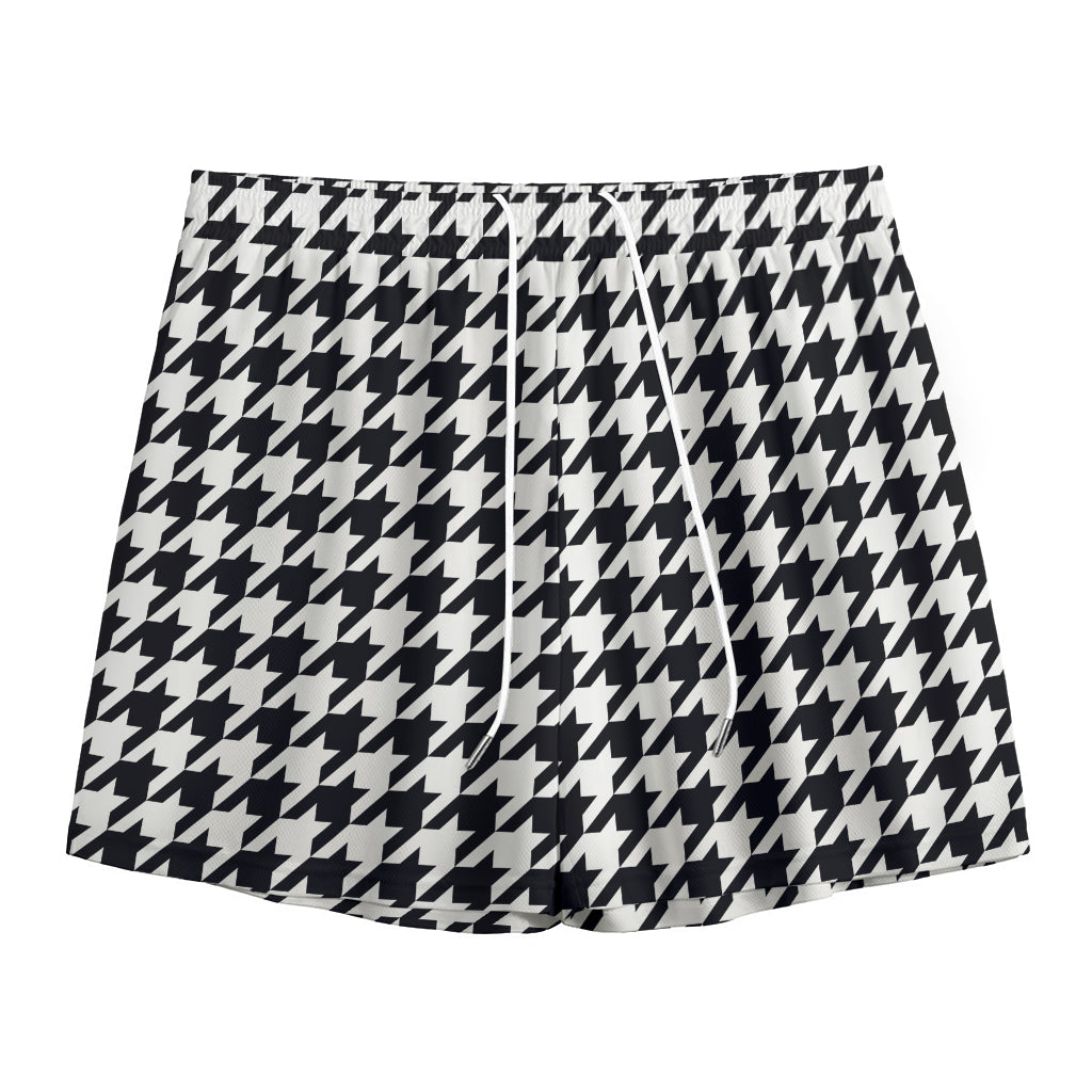 Black And White Houndstooth Print Mesh Shorts
