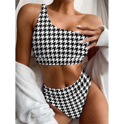 Black And White Houndstooth Print One Shoulder Bikini Top