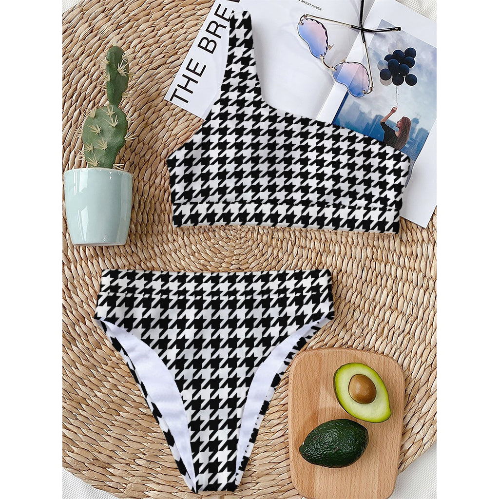 Black And White Houndstooth Print One Shoulder Bikini Top