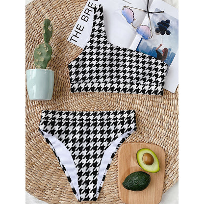 Black And White Houndstooth Print One Shoulder Bikini Top