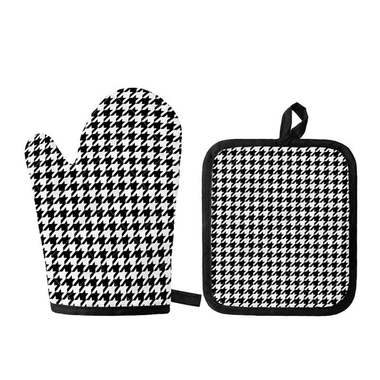 Black And White Houndstooth Print Oven Mitt And Pot Holder Set