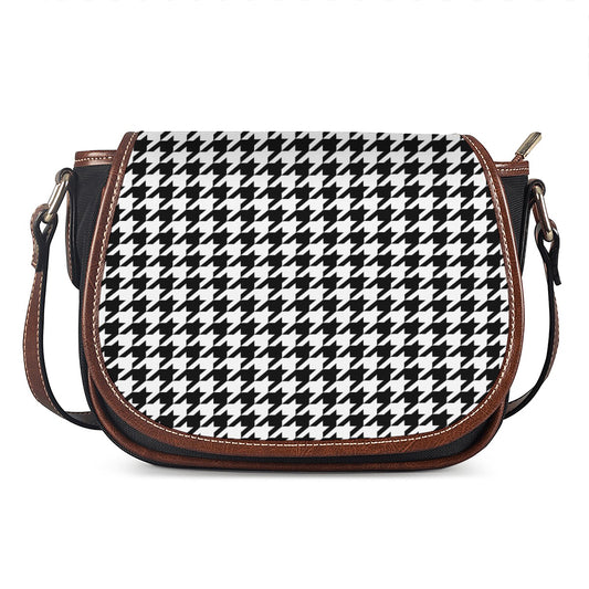 Black And White Houndstooth Print Saddle Bag