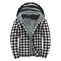 Black And White Houndstooth Print Sherpa Lined Zip Up Hoodie