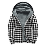 Black And White Houndstooth Print Sherpa Lined Zip Up Hoodie