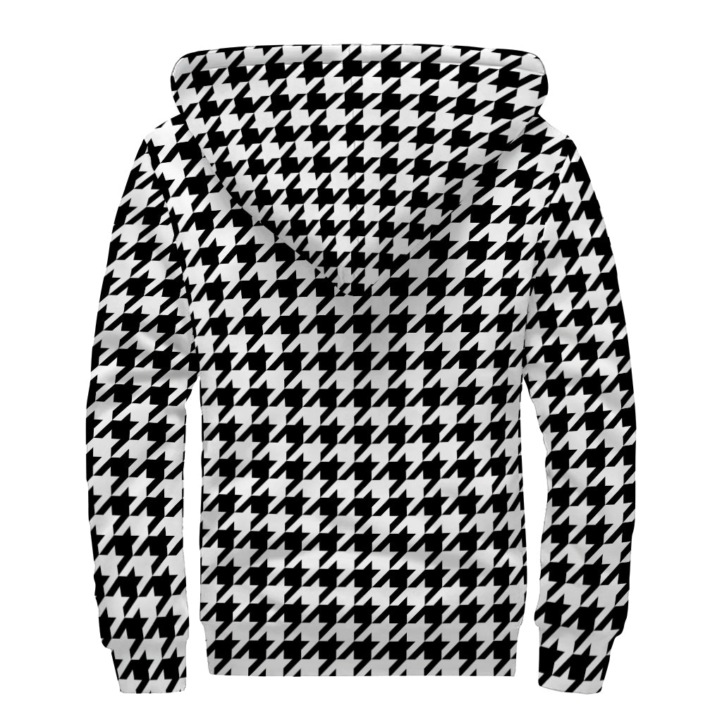 Black And White Houndstooth Print Sherpa Lined Zip Up Hoodie