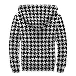 Black And White Houndstooth Print Sherpa Lined Zip Up Hoodie