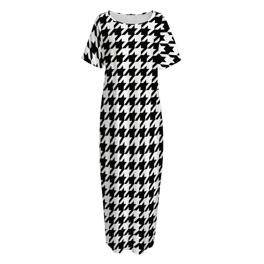 Black And White Houndstooth Print Short Sleeve Long Nightdress