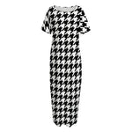 Black And White Houndstooth Print Short Sleeve Long Nightdress