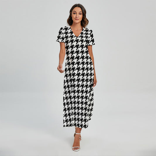 Black And White Houndstooth Print Short Sleeve Maxi Dress