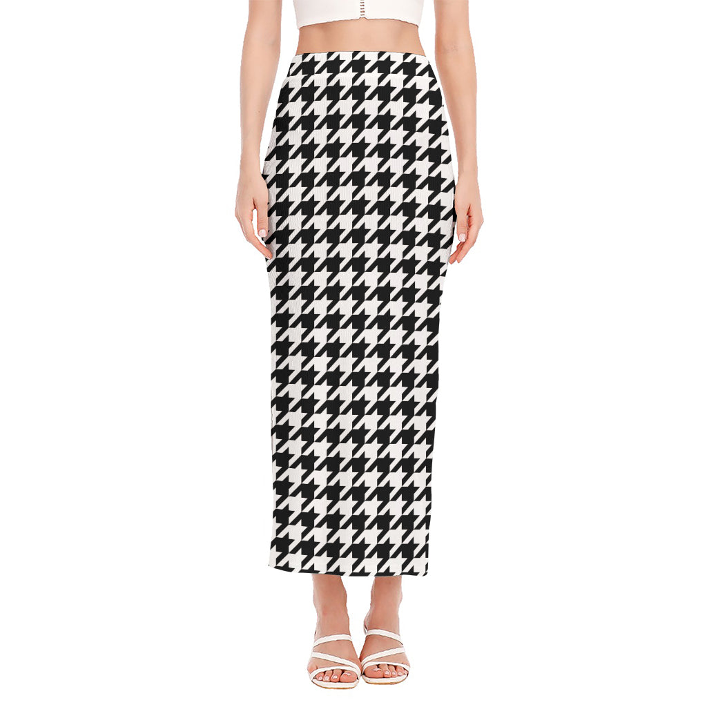 Black And White Houndstooth Print Side Slit Maxi Skirt
