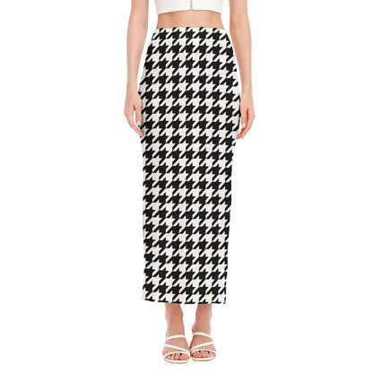 Black And White Houndstooth Print Side Slit Maxi Skirt