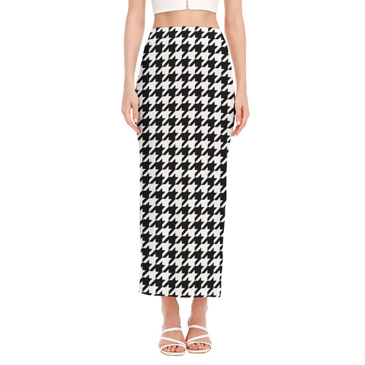 Black And White Houndstooth Print Side Slit Maxi Skirt