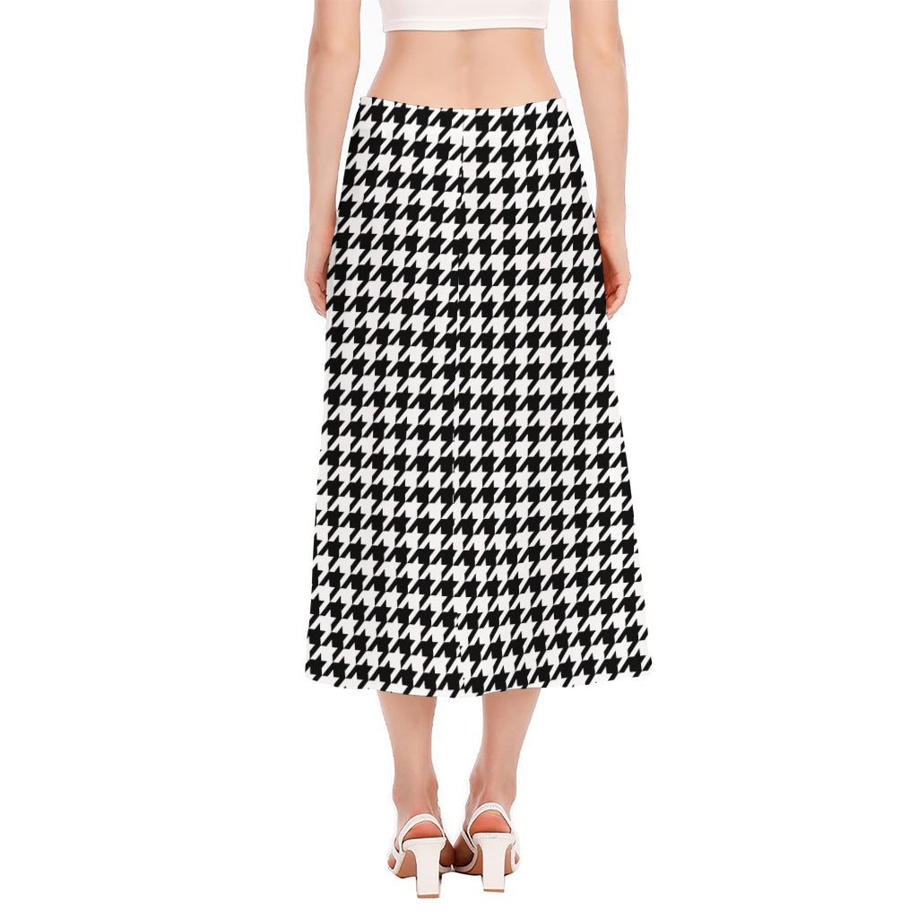 Black And White Houndstooth Print Side Slit Midi Skirt