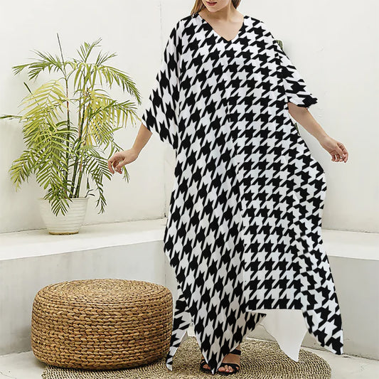 Black And White Houndstooth Print Silk V-Neck Kaftan Dress