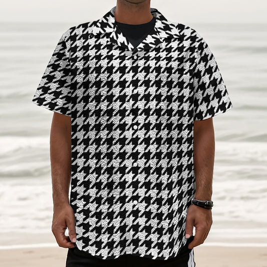 Black And White Houndstooth Print Textured Short Sleeve Shirt