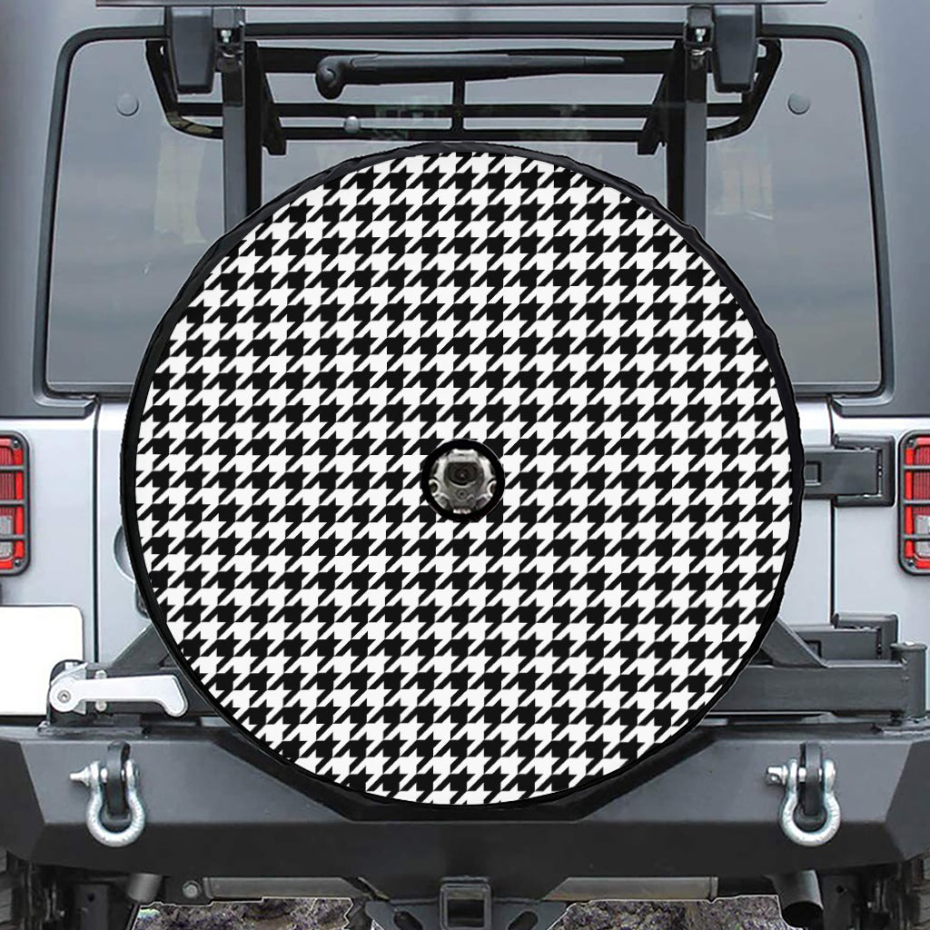 Black And White Houndstooth Print Tire Cover With Camera Hole