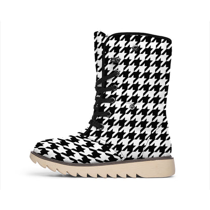 Black And White Houndstooth Print Winter Boots