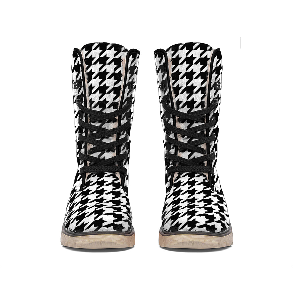 Black And White Houndstooth Print Winter Boots