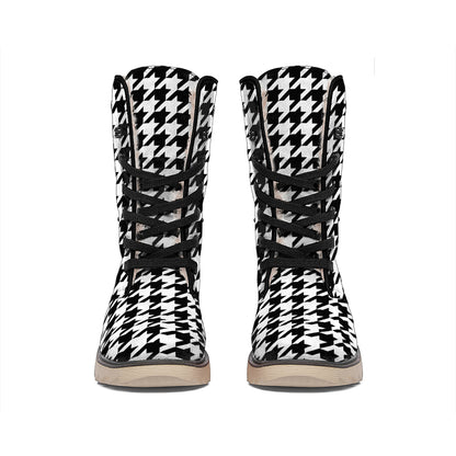 Black And White Houndstooth Print Winter Boots