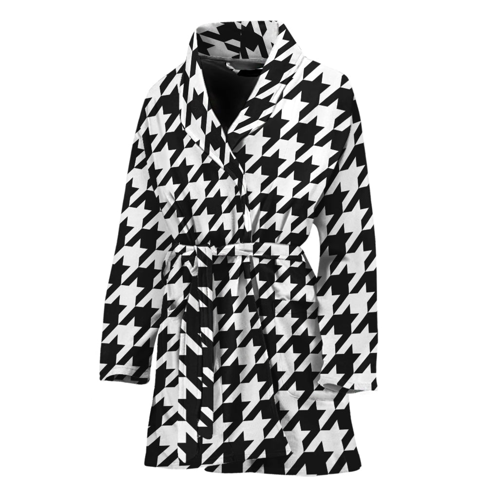 Black And White Houndstooth Print Women's Bathrobe