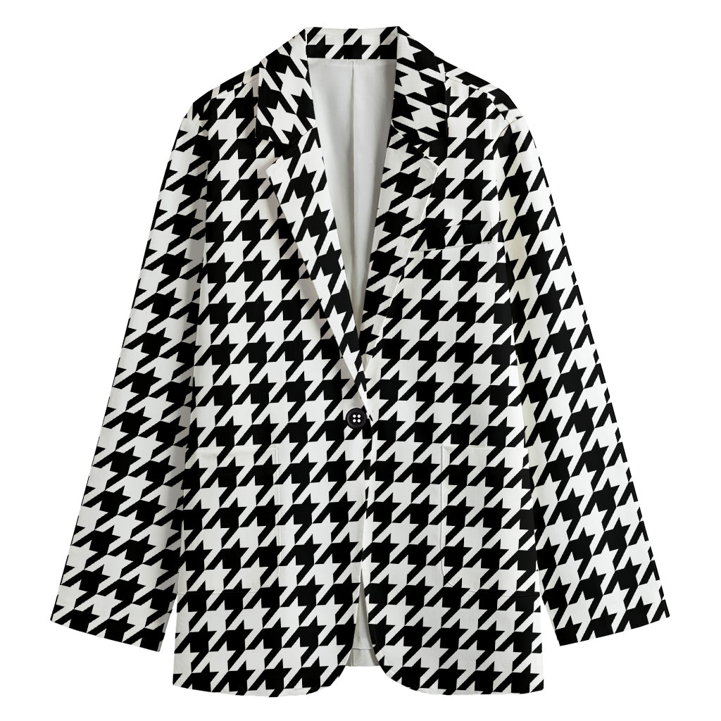 Black And White Houndstooth Print Women's Cotton Blazer