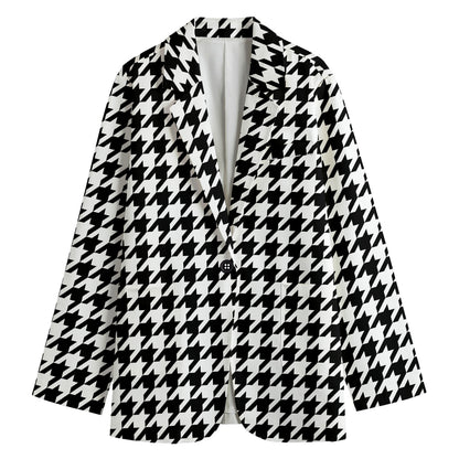 Black And White Houndstooth Print Women's Cotton Blazer