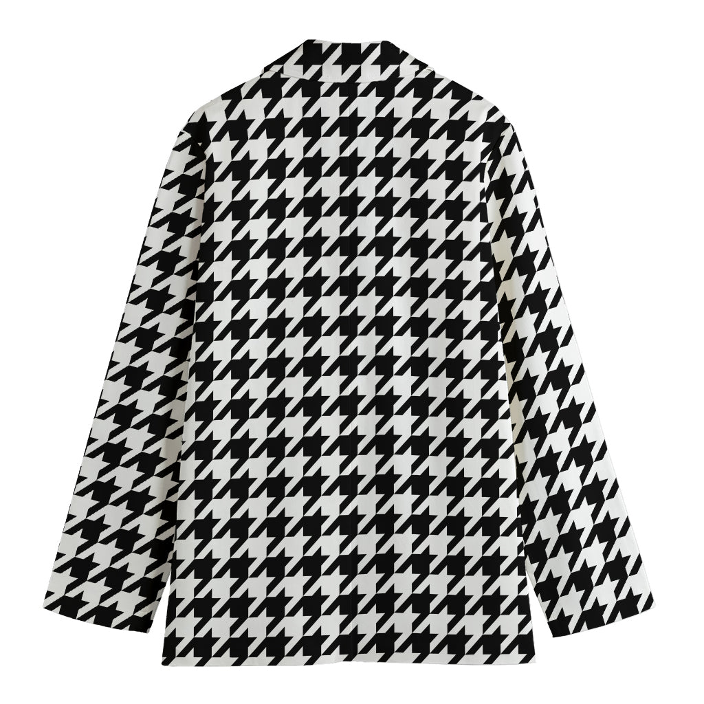 Black And White Houndstooth Print Women's Cotton Blazer